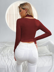 Cut Out Long Sleeve Cross Turtleneck Bodycon Solid Crop Top