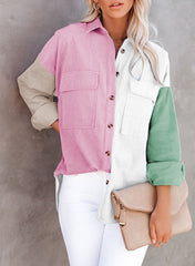 Drop Down Collar Long Sleeve Colorblock Shirt