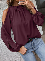 Loose Round Neck Solid Color Cold Shoulder Blouse Top
