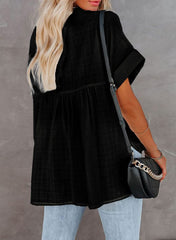 Button Up V Neck Short Sleeve Oversize Blouse Top