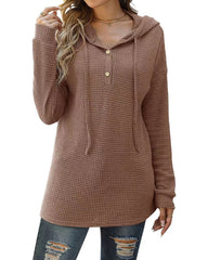 Drawstring Long Sleeve Button Up Hooded Sweatshirt