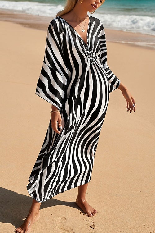 Print V Neck Bat Maxi Dress