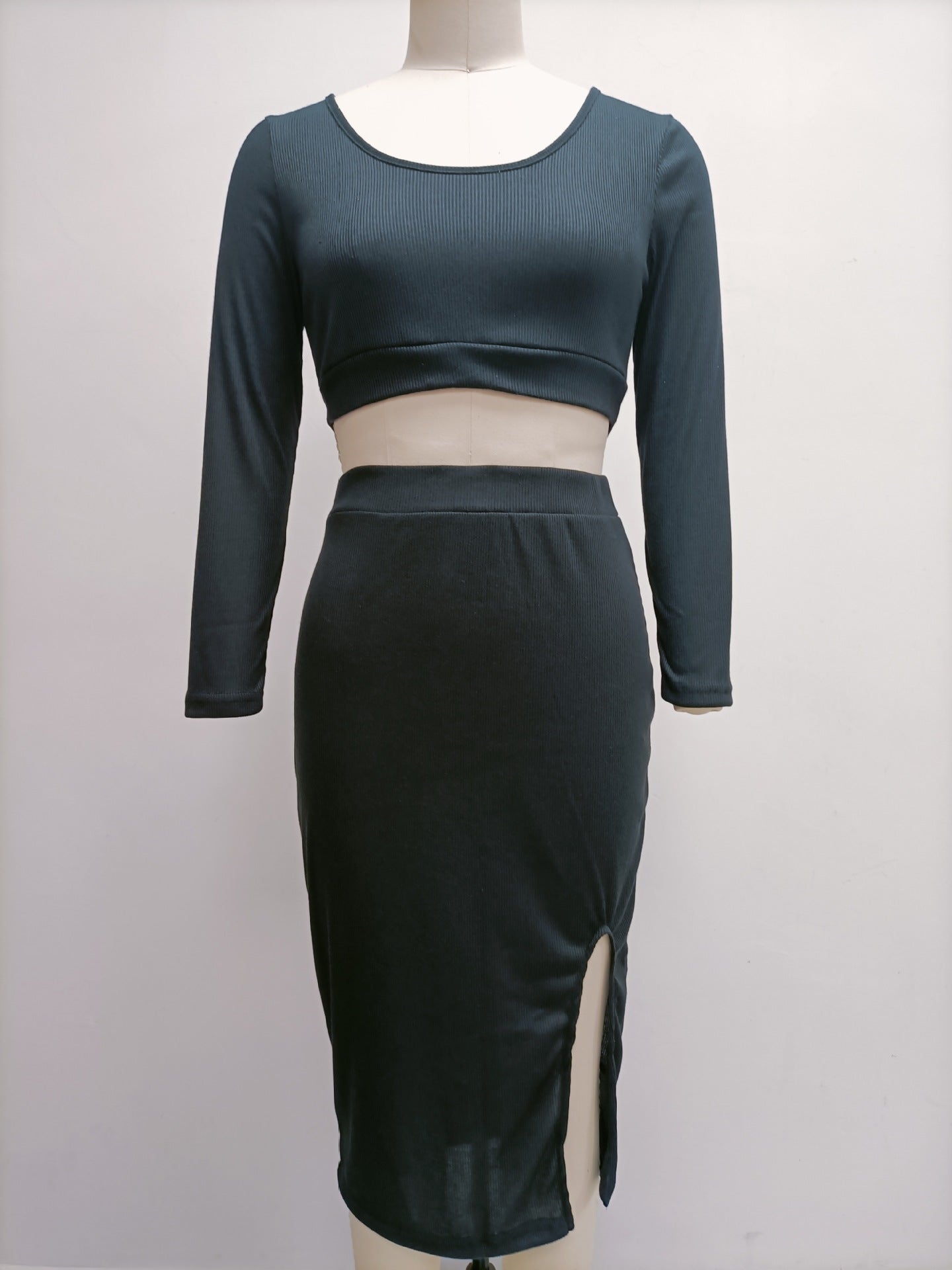 Two Piece Set Long Sleeve Fitted Crop Top and Side Slit Midi Skirt