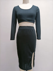 Two Piece Set Long Sleeve Fitted Crop Top and Side Slit Midi Skirt