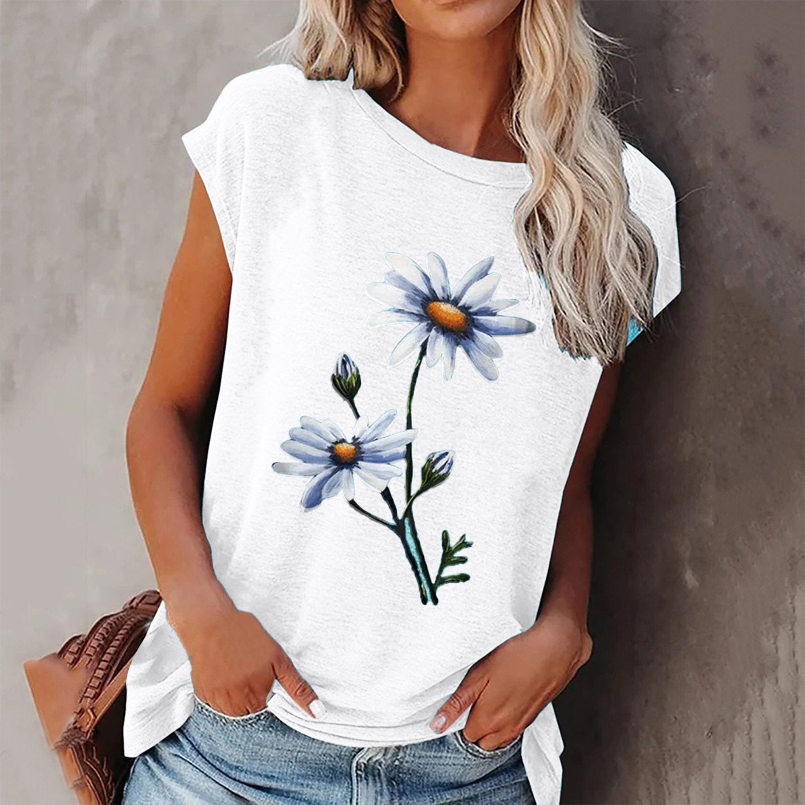Round Neck Cap Sleeve Floral Printed Tank Top