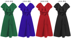 V-Neck Short Sleeve Belted Solid Flared Midi Dress