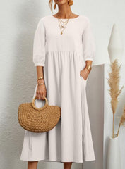 Casual 3/4 Sleeve Round Neck Pleated Maxi Dress