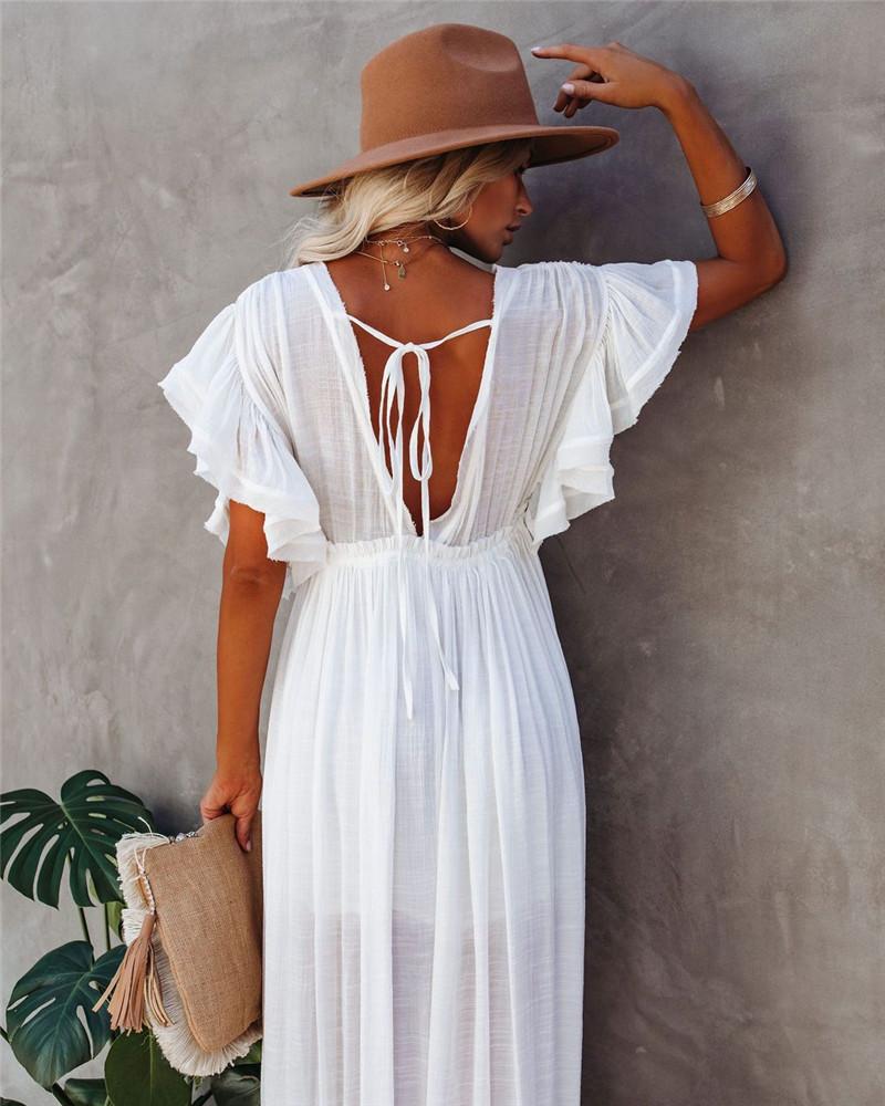 Deep V Neck Button Down Draw String Maxi Dress