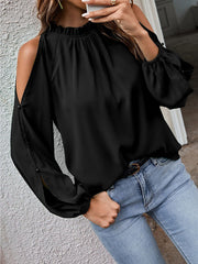 Loose Round Neck Solid Color Cold Shoulder Blouse Top