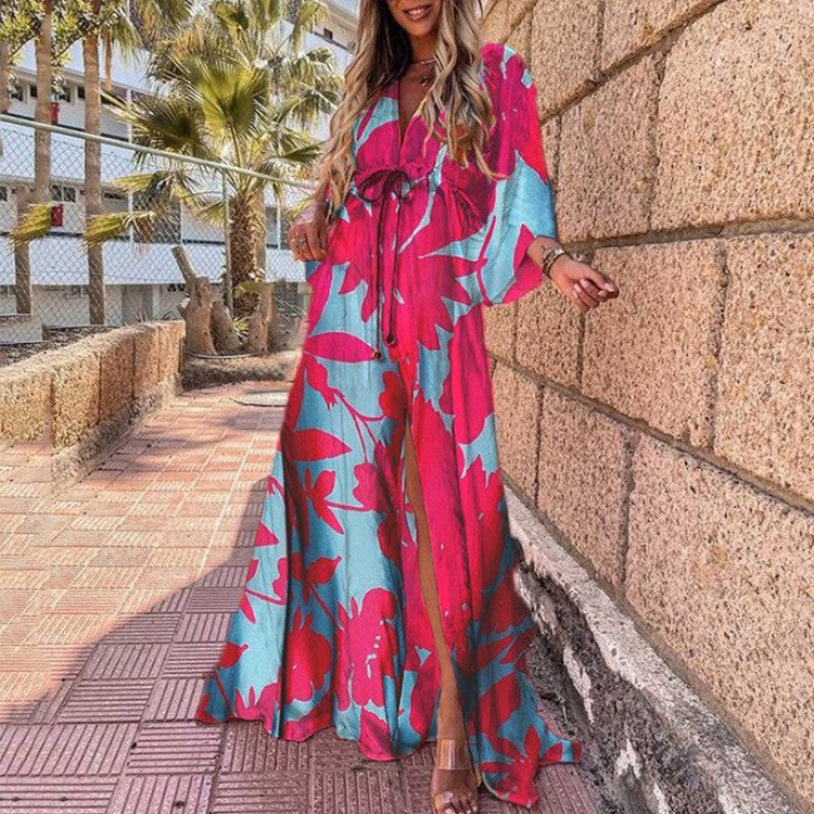 Print Drawstring Bat Maxi Dress