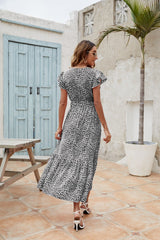 V-Neck Short Ruffle Sleeve Printed Waisted Midi Dress