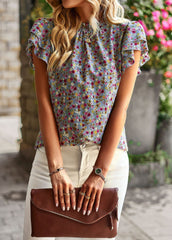 Casual Short Ruffled Sleeves O-Neck Printed Blouse Top