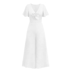Short Sleeve Wide Leg Casual V Neck Jumpsuit