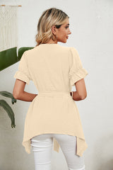 V-Neck Short Ruffle Sleeve Belted Solid Blouse