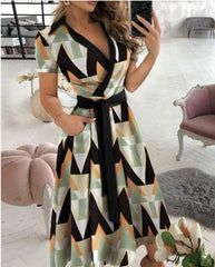 Cross V Neck Waist Tie Short Sleeve Midi Dress