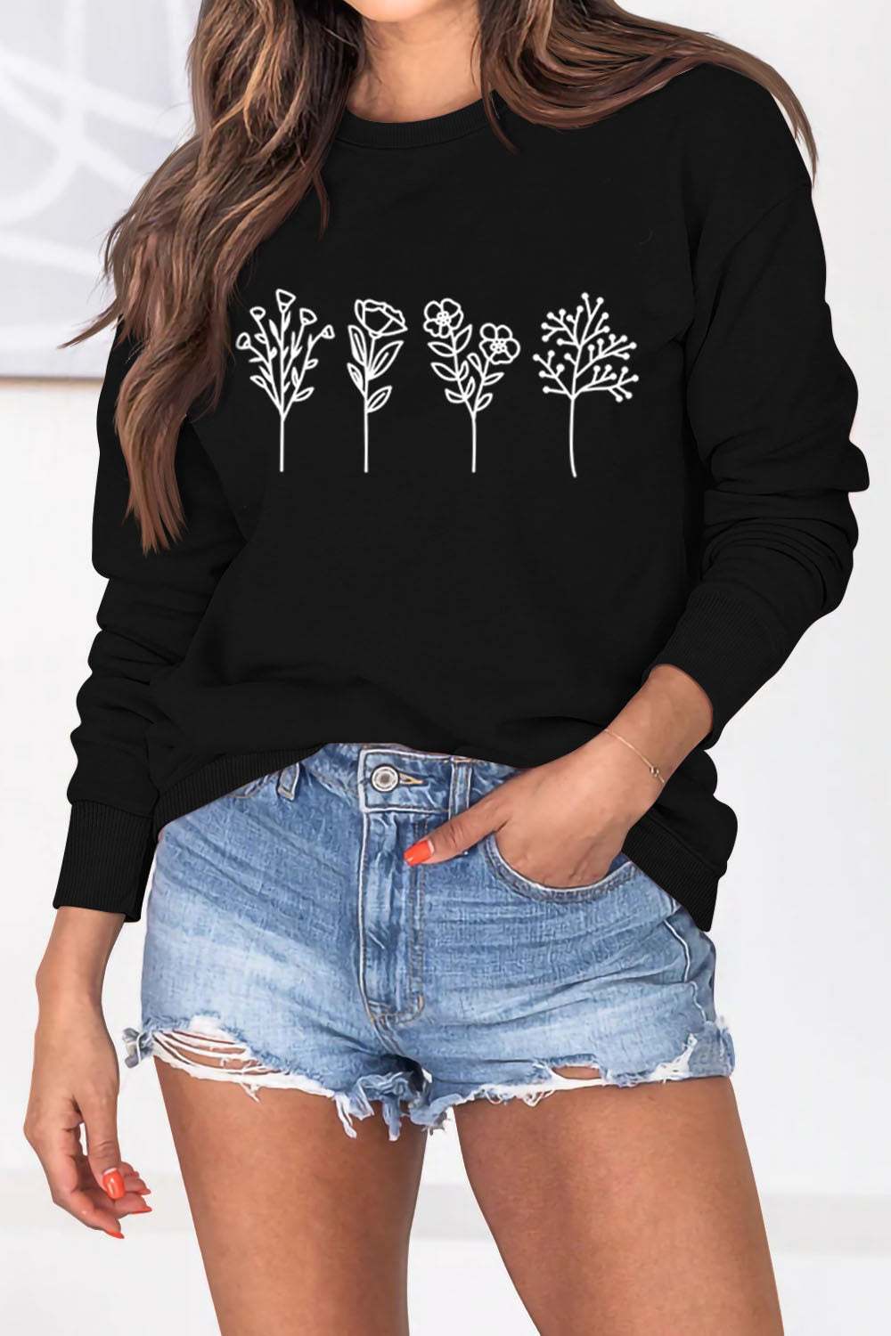 Fashion Long Sleeve O-Neck Floral Print Sweatshirt Top