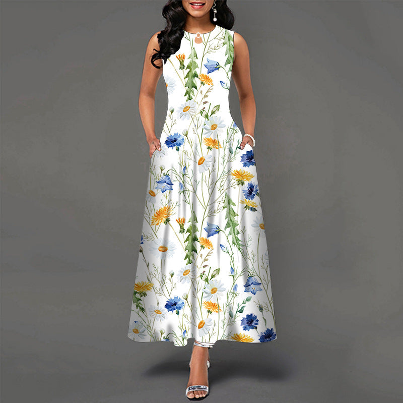 Sleeveless Flower Print Pleated Flared Round Neck Maxi Dress
