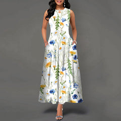 Sleeveless Flower Print Pleated Flared Round Neck Maxi Dress