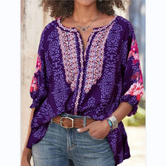 Fashion Scoop Neck 3/4 Sleeve Print Blouse Top