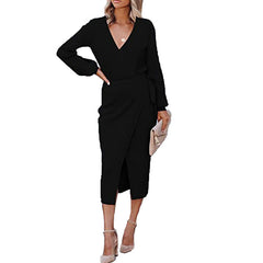 V-Neck Long Sleeve High Waist Wrap Midi Dress