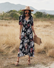 Elegant Deep V Neck Short Sleeve Floral Maxi Dress