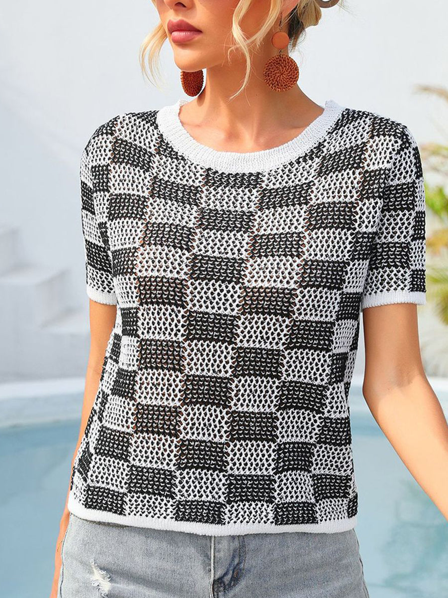 Women's T-Shirts Plaid Casual Knit Round Neck Short Sleeve T-Shirt