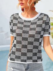 Women's T-Shirts Plaid Casual Knit Round Neck Short Sleeve T-Shirt