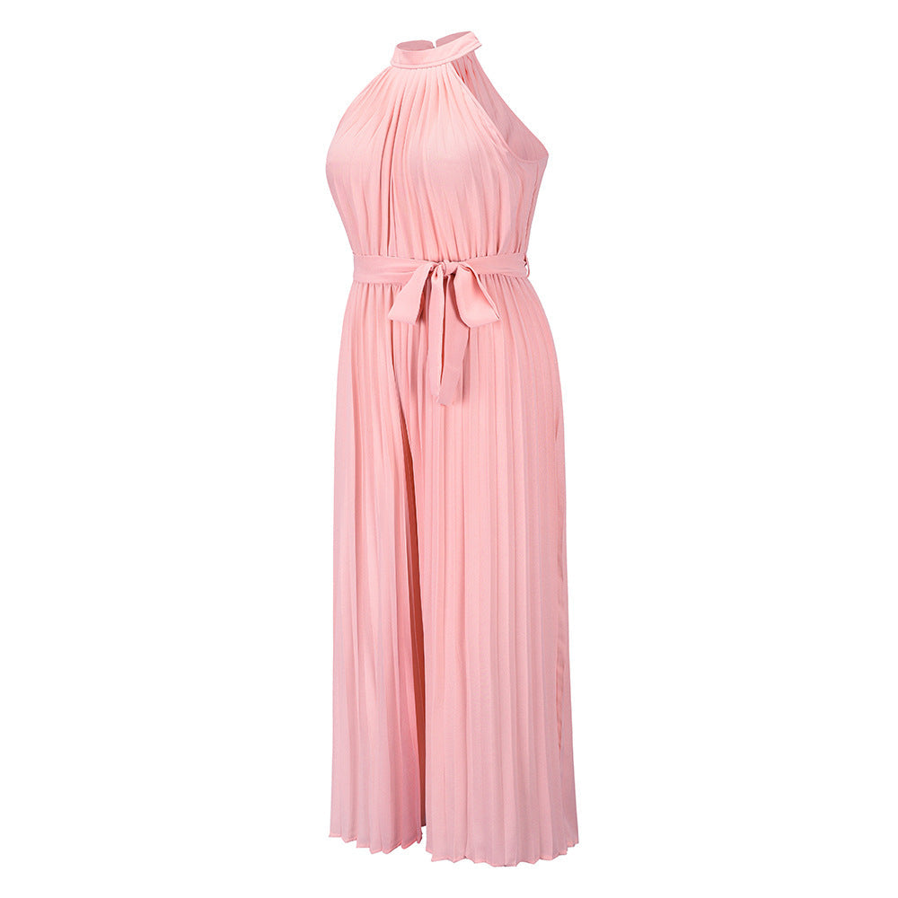 Halter Neck Sleeveless Waist Tie Wide Leg Jumpsuit