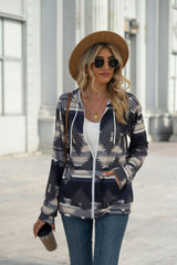 Zip Up Drawstring Graphic Hoodie Pullover