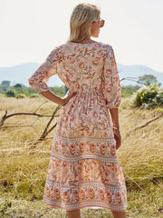 Button Up Elastic Waist Flowy V Neck Maxi Dress