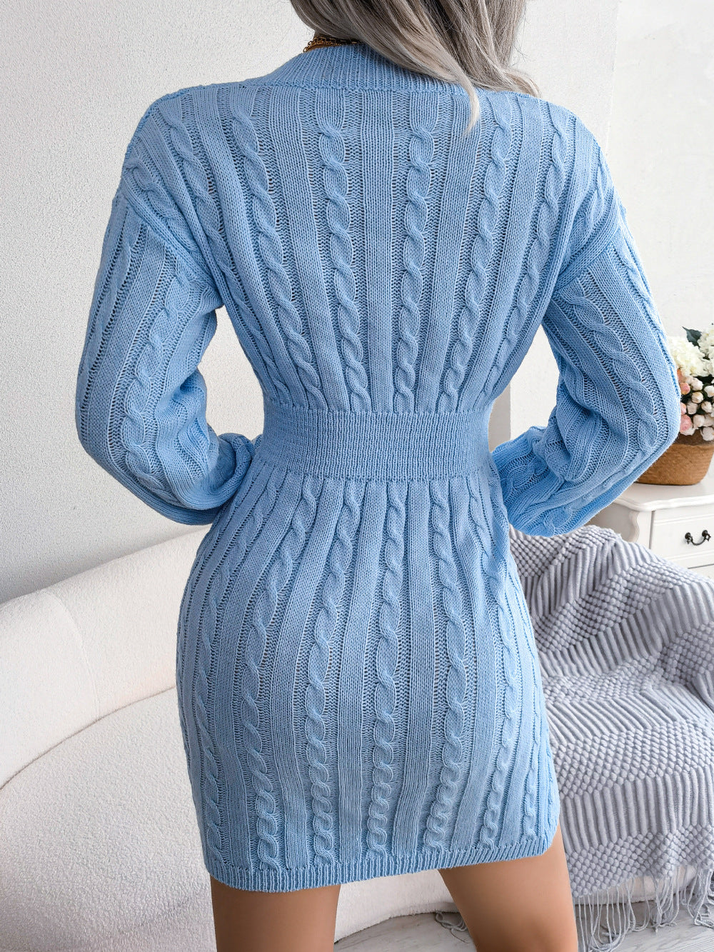 Long Sleeve V-Neck Knitted Solid Mini Dress