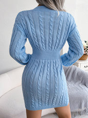 Long Sleeve V-Neck Knitted Solid Mini Dress