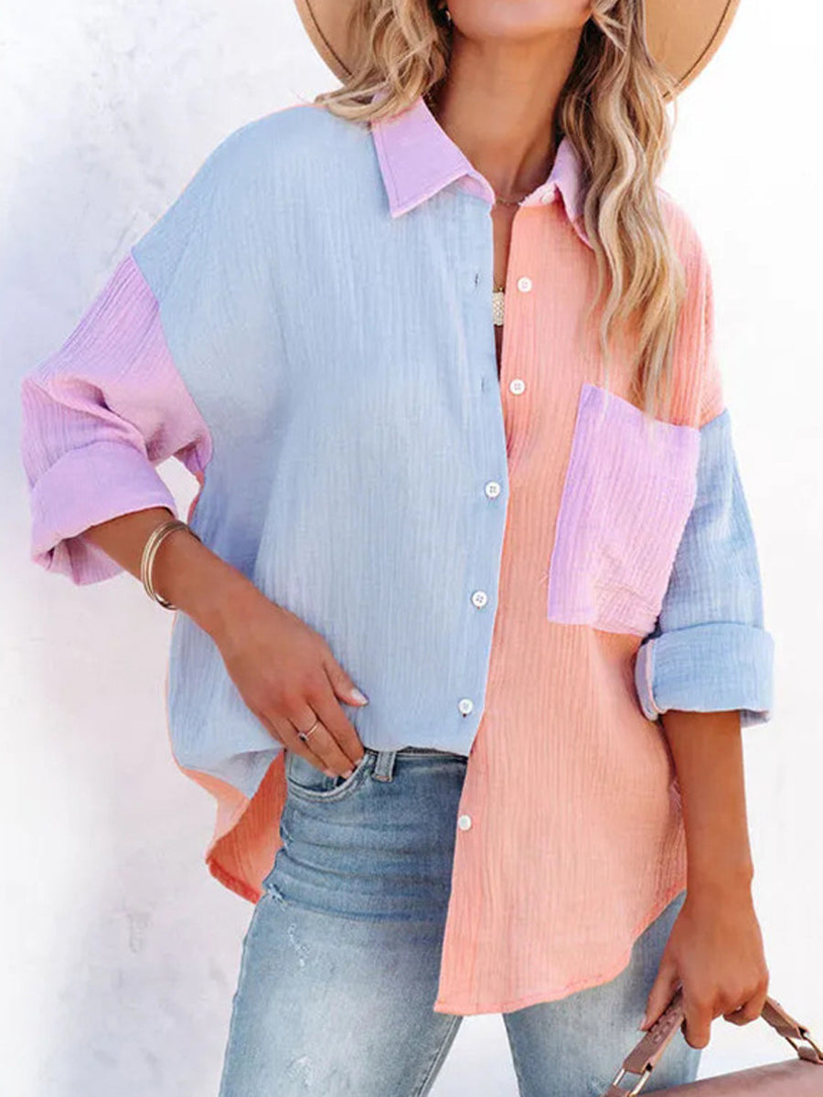 V Neck Button Long/Roll Up Sleeve Casual Collared Work Blouse