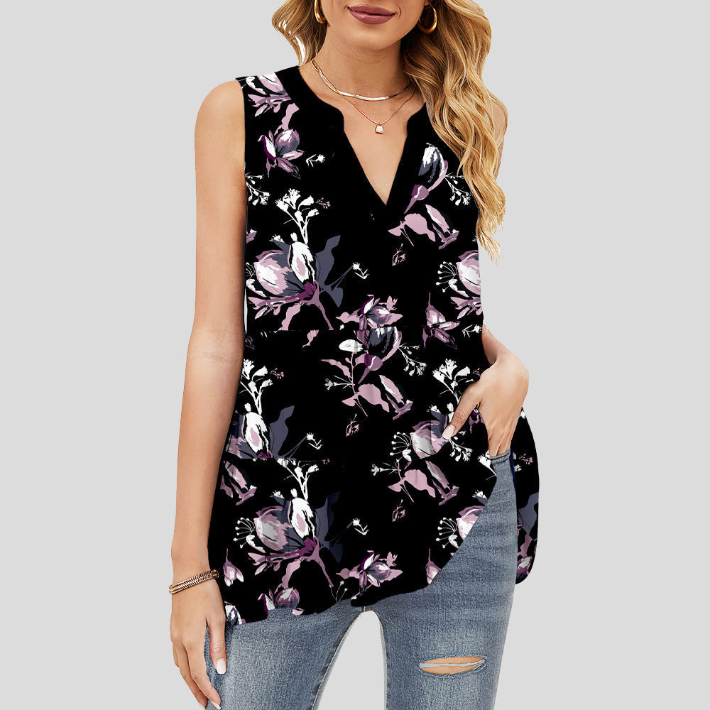Scoop Neck Sleeveless Flared Printed Blouse Top
