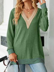 Lace V Neck Color Contrast Slit Loose Long Sleeved Blouse