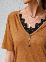 Women's T-Shirts Loose V Neck Lace Short Sleeve T-Shirt