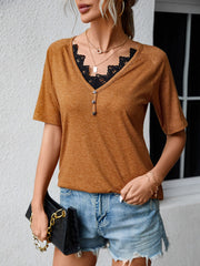 Women's T-Shirts Loose V Neck Lace Short Sleeve T-Shirt