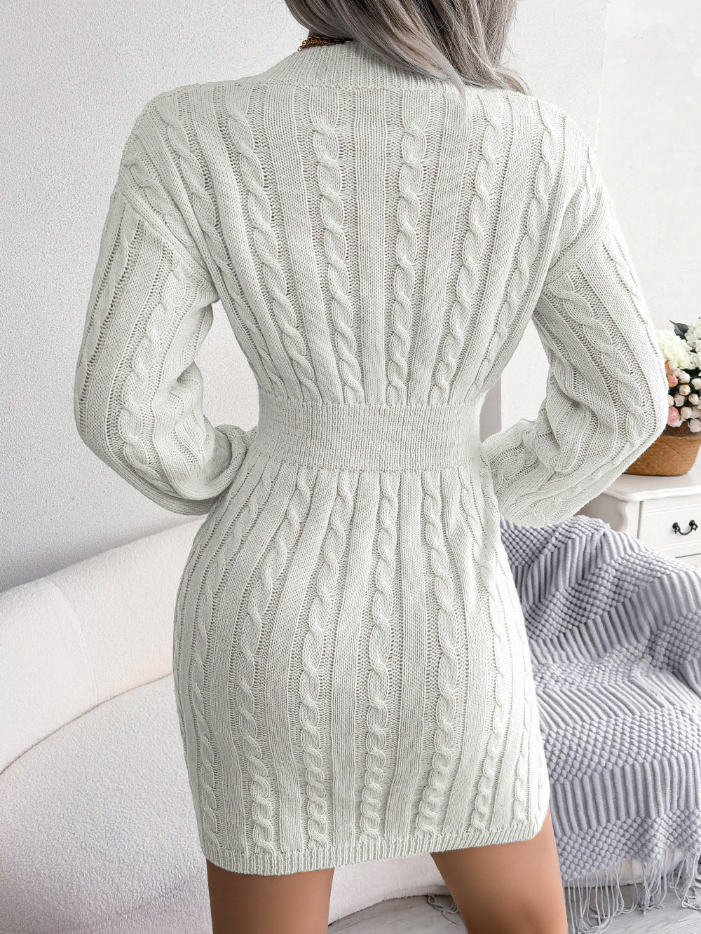 Long Sleeve V-Neck Knitted Solid Mini Dress