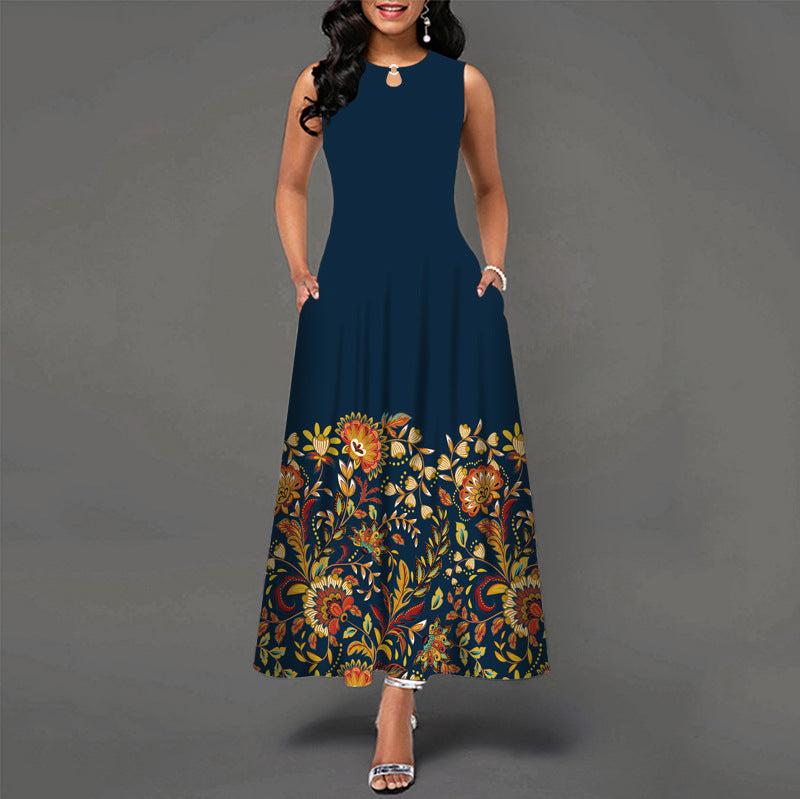 Sleeveless Flower Print Pleated Flared Round Neck Maxi Dress