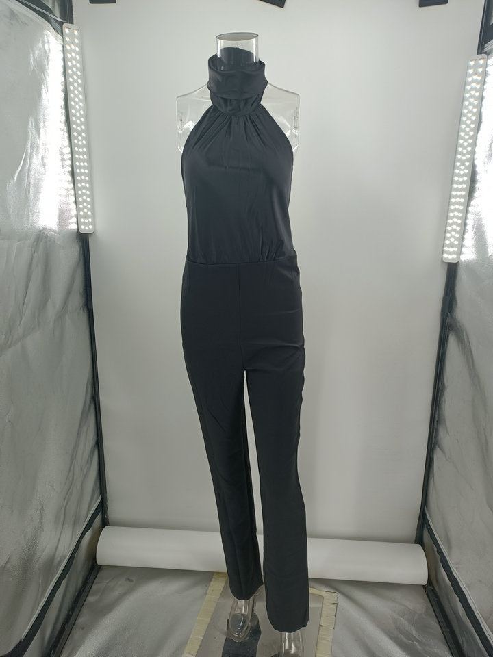 Fashion Sleeveless Halter Neck Backless Solid Jumpsuit