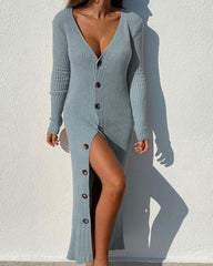 Deep V-Neck Long Sleeve Button Down Maxi Sweat Dress