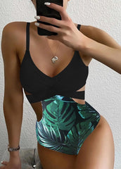 Leaf Printed One Piece Swimwear