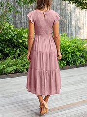 Solid Color Round Neck Cap Sleeve Loose Maxi Dress