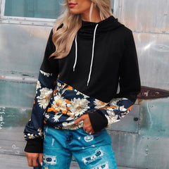 O-Neck Long Sleeve Floral Print Drawstring Sweatshirt
