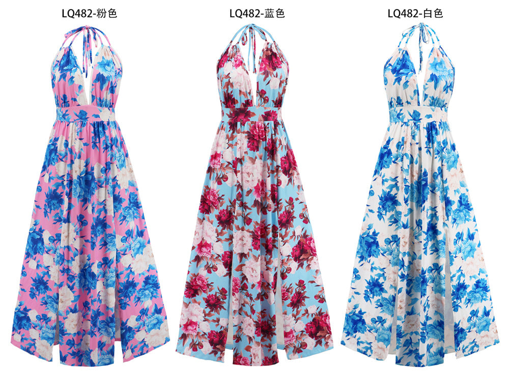 Sleeveless Backless Floral Print High Split Maxi Dress