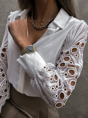 Lace Sleeve Bend Down Collar Shirt Blouse Top