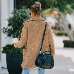 Lapel Collar Front Pocket Faux Shearling Shaggy Jacket Coat