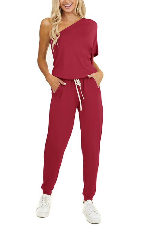 One Shoulder Drawstring Jumpsuits