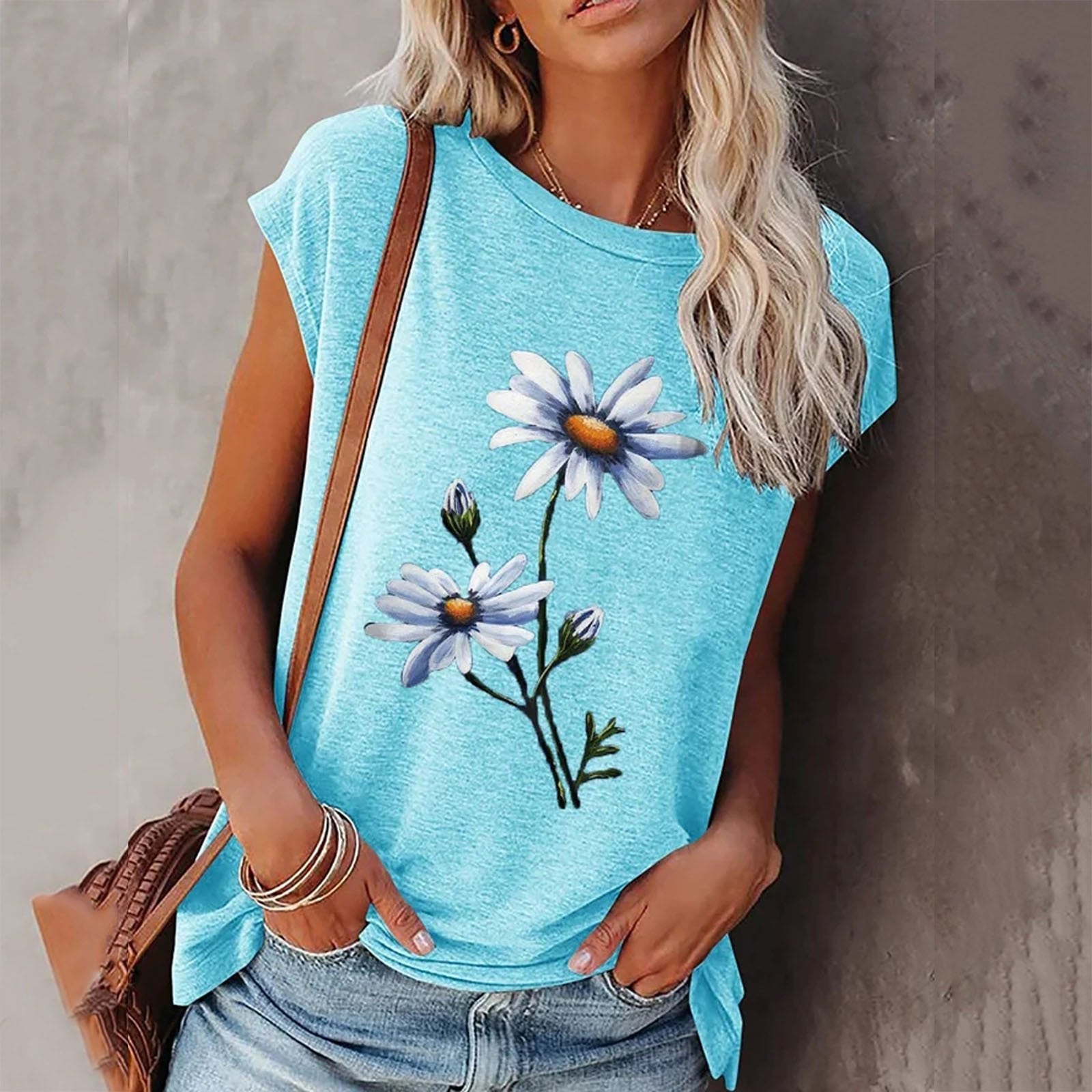 Round Neck Cap Sleeve Floral Printed Tank Top