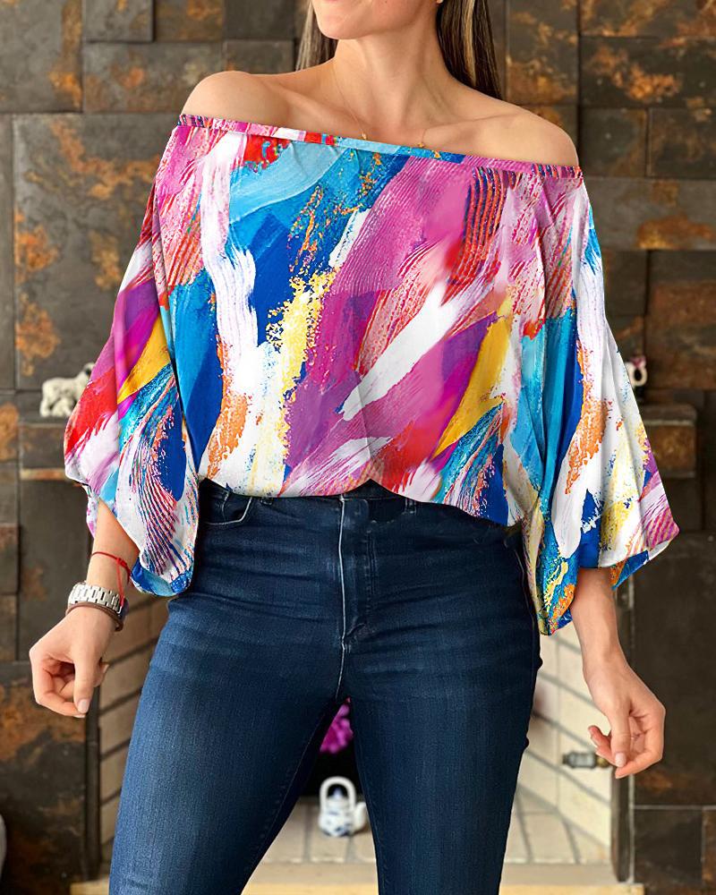 Off Shoulder Ruffle Sleeves Random Print Loose Blouse Top